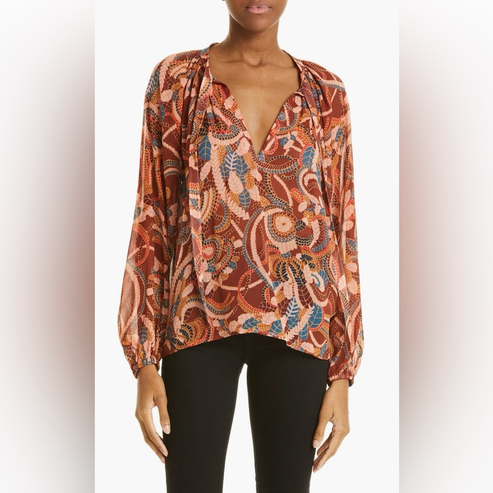 A.L.C. Orange and Blue Paisley Delphina Silk Blouse, Size 8, NWOT